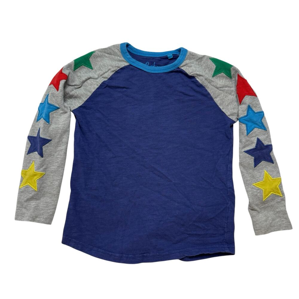 BODEN Star Sleeve Ringer Long Sleeve Tee Sz 6-7 Years Blue Gray Rainbow Appliqué